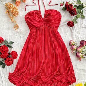 Red Boho Women's Sexy Textured Open Back Halter Neck Dress